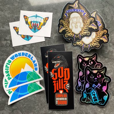 Oregon sticker pack – Pacific Wonderland, Godzilla Loves Us, Mothra FC, Rose City Kitty, Peek-a-Bat
